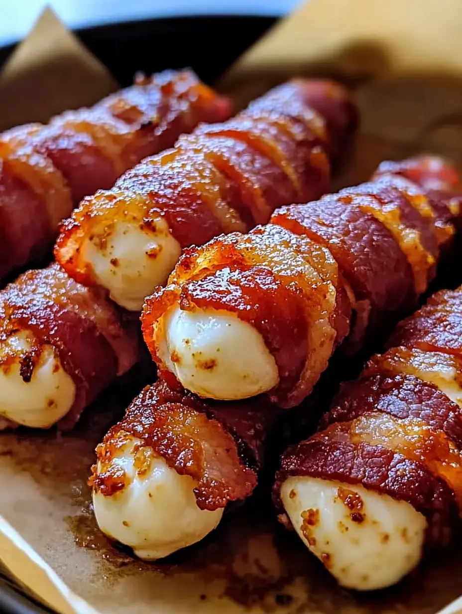 Gros plan de bâtonnets de mozzarella enroulés de bacon disposés sur une assiette.