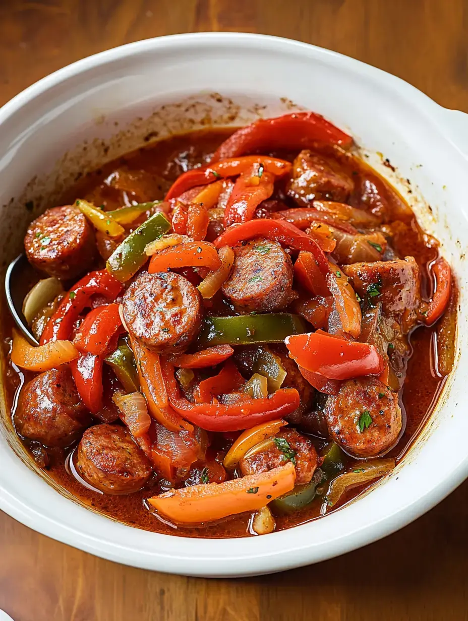 Un bol blanc rempli de tranches de saucisses sautées et un mélange coloré de poivrons rouges, verts et jaunes dans une sauce riche.