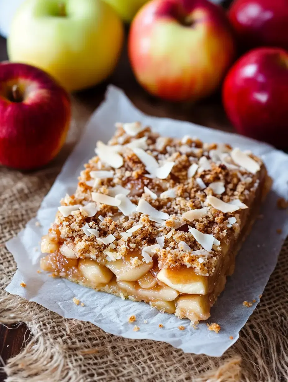 Un morceau de dessert aux pommes avec une garniture friable posé sur du papier sulfurisé, entouré de pommes rouges et vertes.
