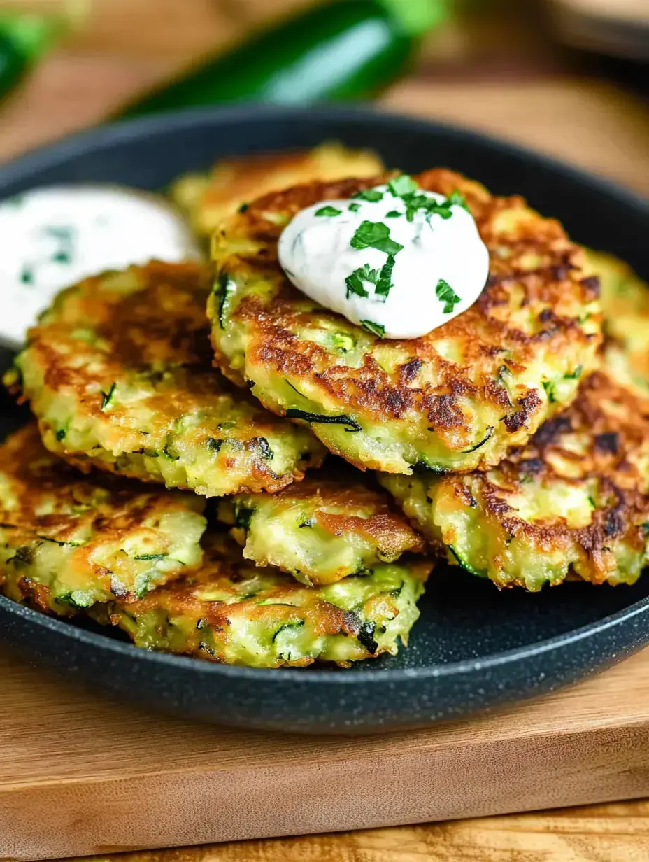 Une assiette de galettes de courgettes dorées garnies d'une cuillérée de crème fraîche et de persil.