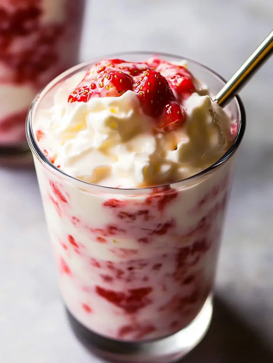 Un gros plan d'un verre rempli de couches de yaourt crémeux, de purée de fraises, et garni de fraises fraîches.
