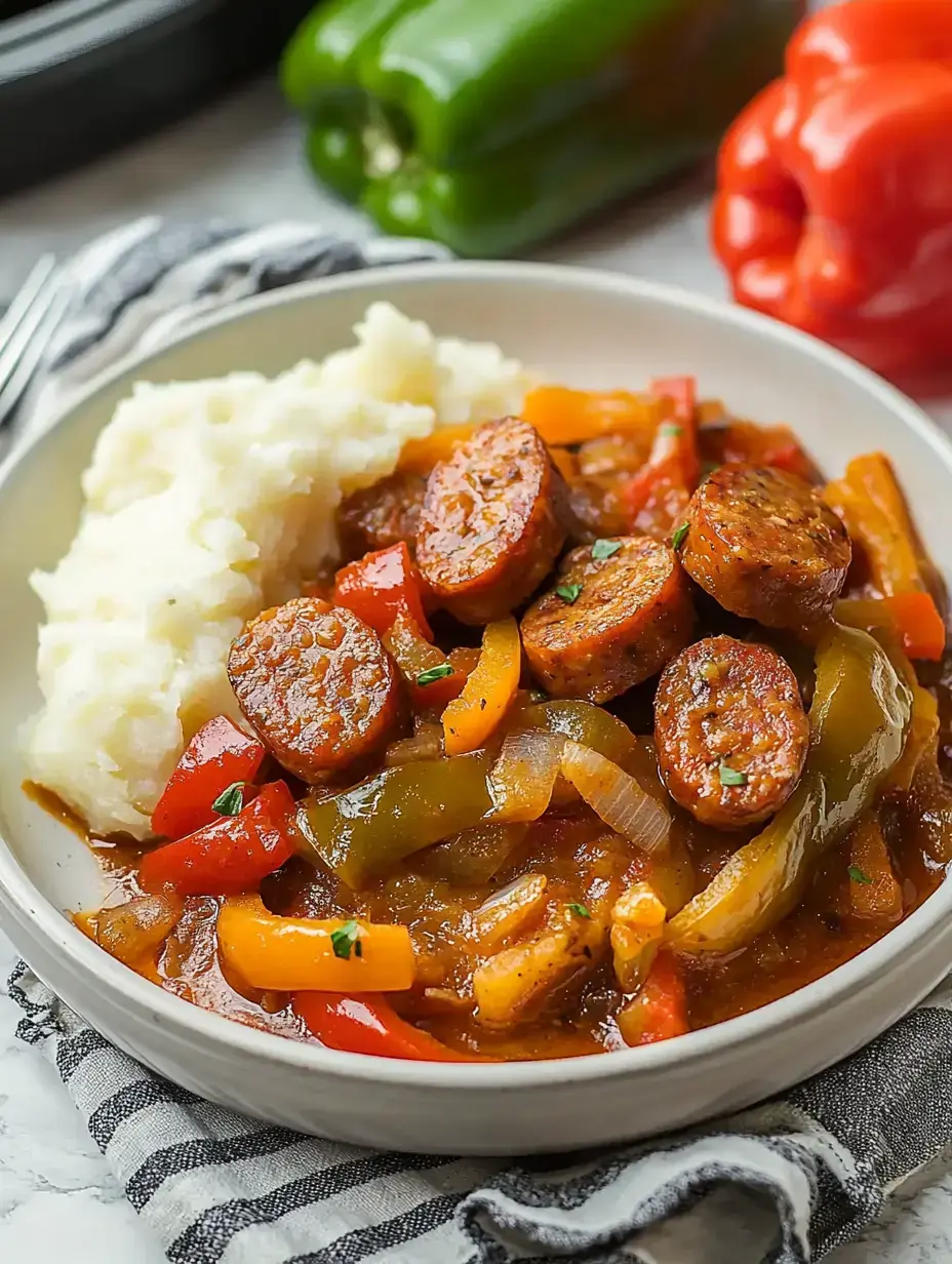 Un bol de purée de pommes de terre servi avec des saucisses sautées et des poivrons colorés dans une sauce savoureuse, garni d'herbes fraîches.