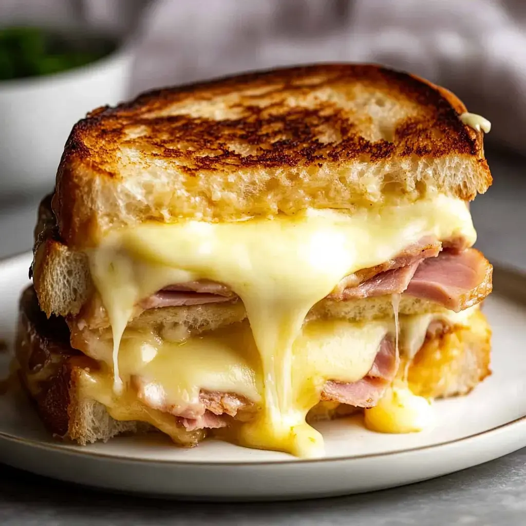 Un sandwich au fromage fondu terriblement gourmand avec du jambon, le pain bien doré et croustillant.