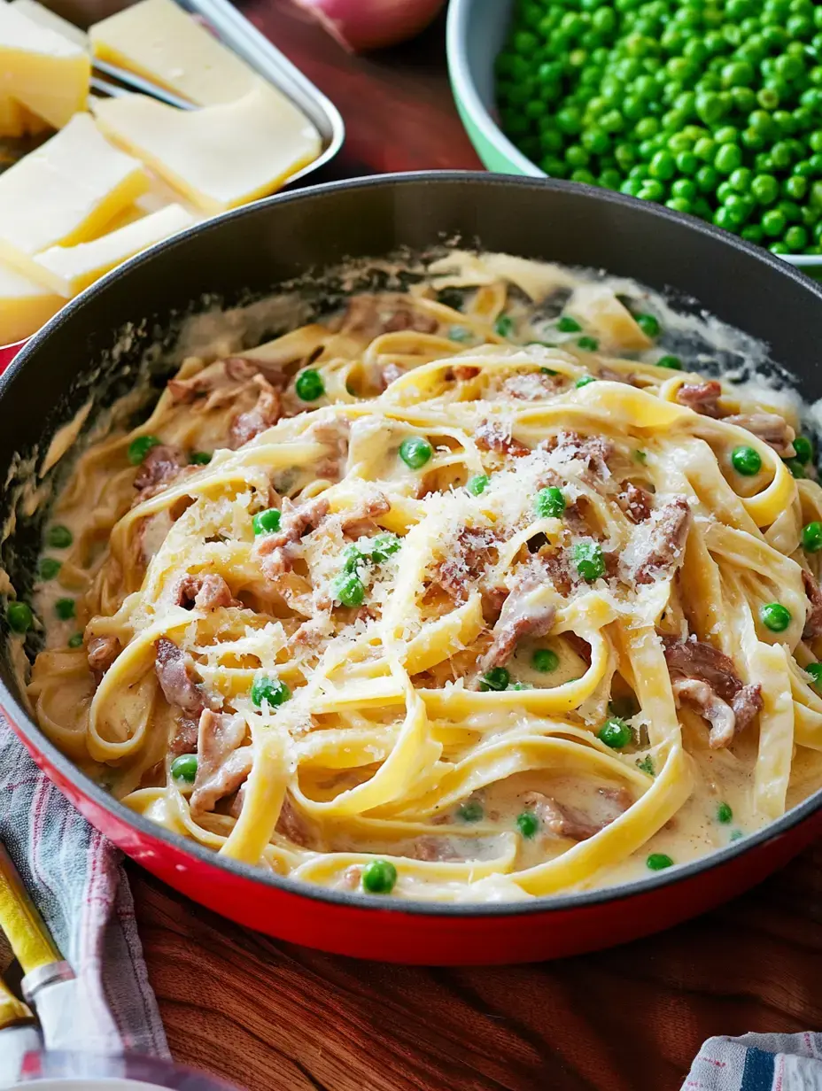 Un plat de pâtes crémeuses avec fettuccine, petits pois et viande effilochée, garni de fromage râpé, servi dans une poêle rouge.