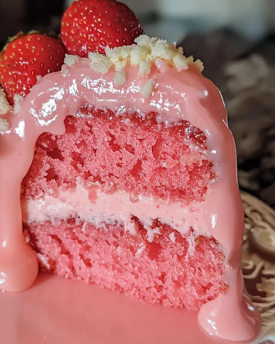 Une part de gâteau à la fraise bien rose avec des fraises fraîches sur le dessus et un beau glaçage rose.
