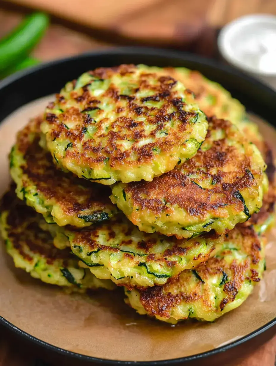 Une pile de galettes de courgettes dorées est présentée sur une assiette, avec une sauce pour tremper en arrière-plan.