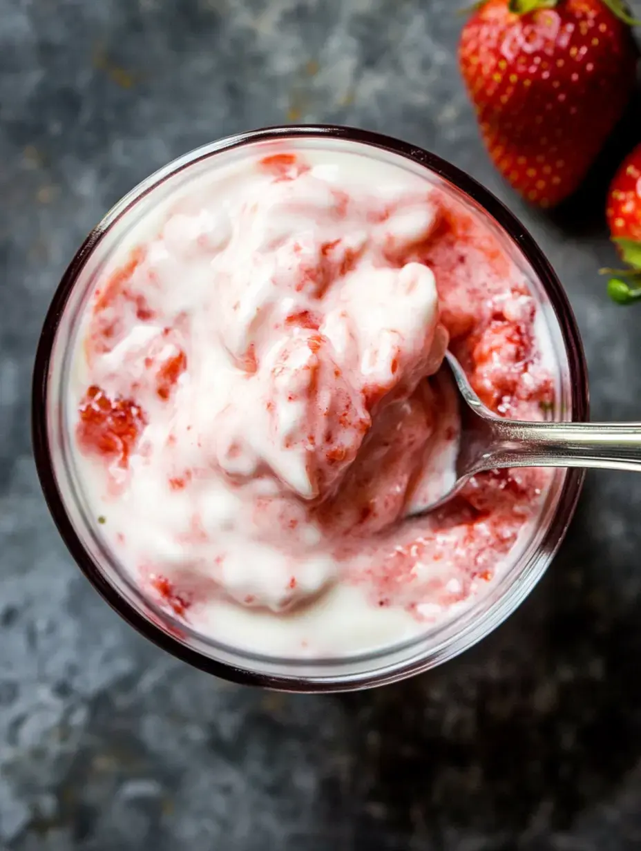 Un bol de yaourt crémeux aux fraises avec une cuillère dedans, à côté de fraises fraîches.