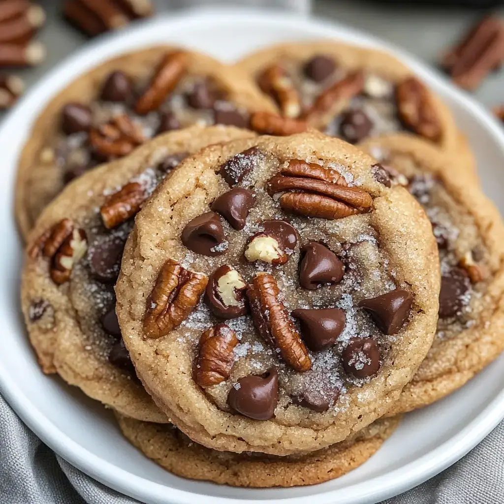 Une assiette de cookies tout juste sortis du four couverts de pépites de chocolat et de noix de pécan, saupoudrés de sucre.