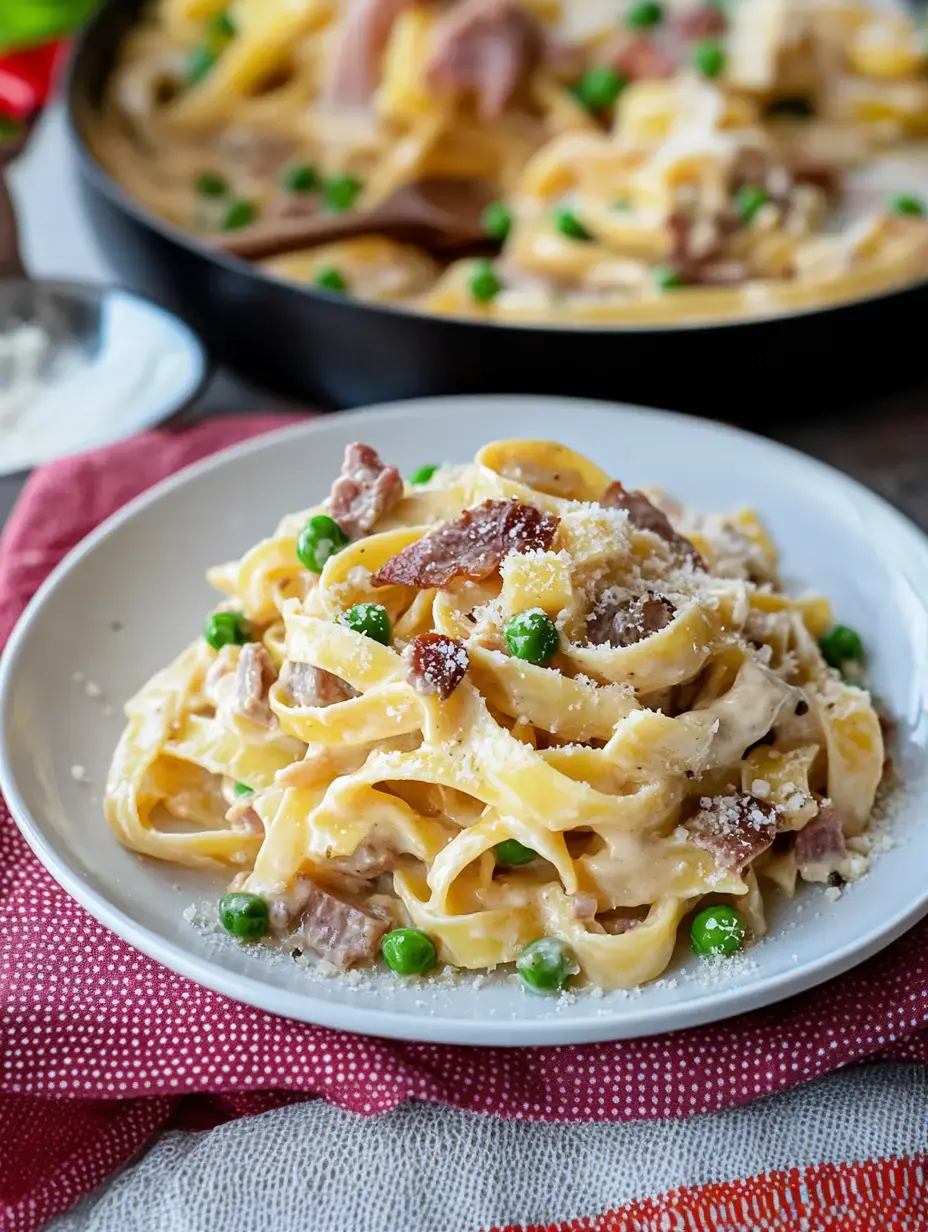 Une assiette de fettuccine crémeuses mélangées avec des petits pois et des morceaux de jambon, garnie de Parmesan râpé, posée sur une nappe à motifs.