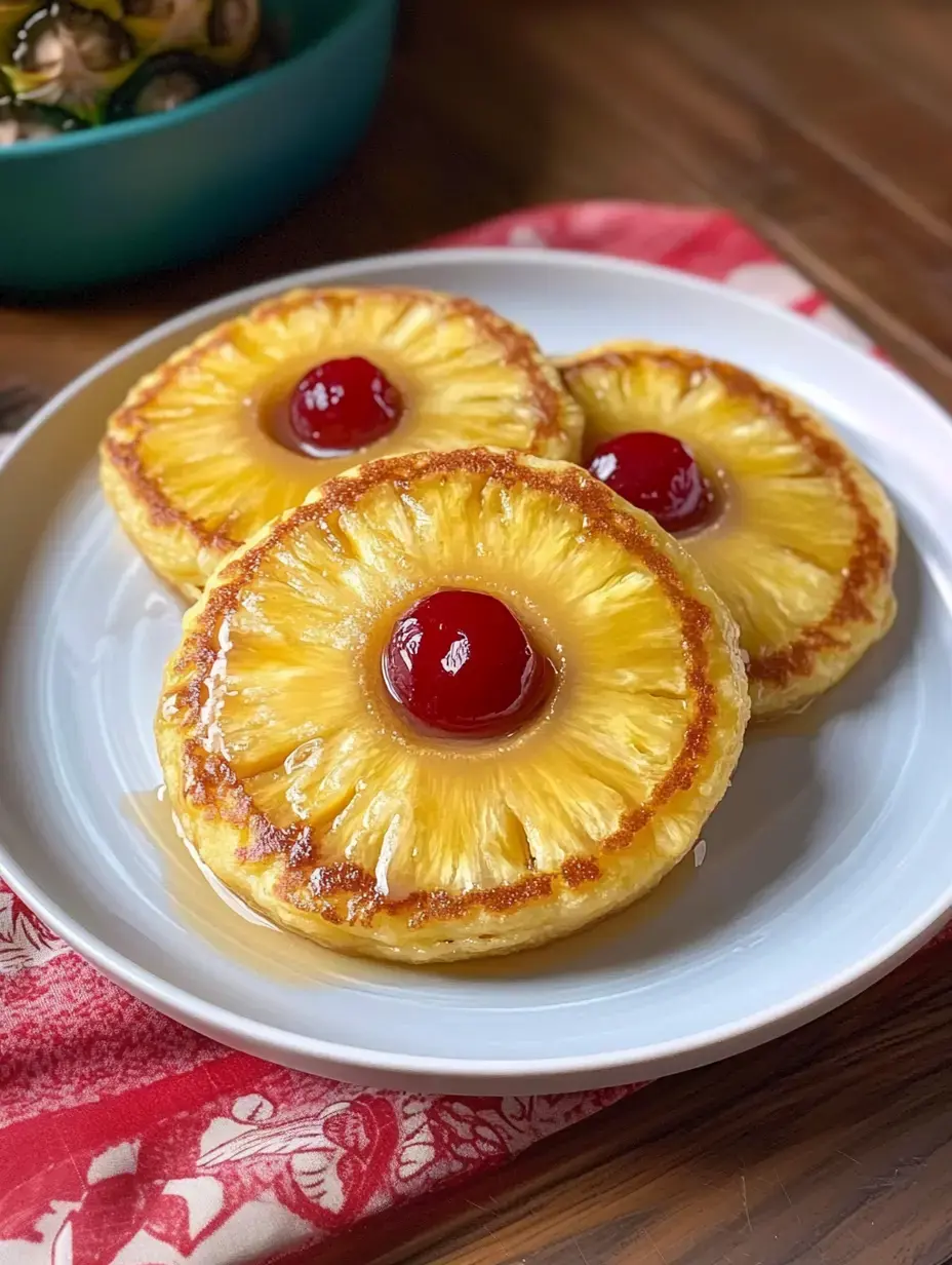 Une assiette avec trois tranches d'ananas rondes garnies de cerises confites, nappées de sirop, posée sur un tissu rouge et blanc.