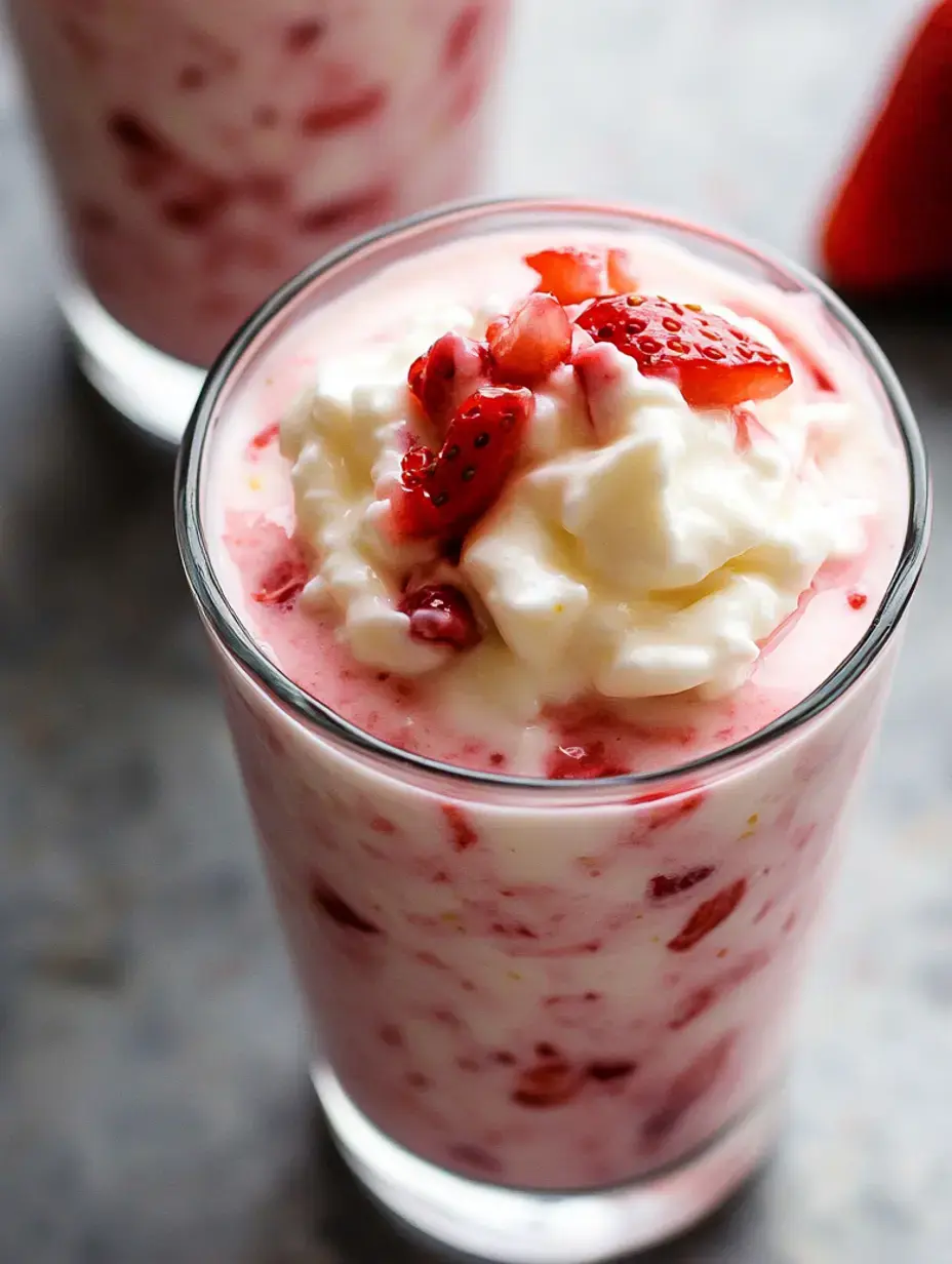 Un verre de parfait aux fraises avec de la crème et des fraises coupées en dés, servi sur un fond texturé.