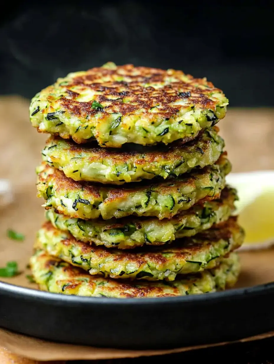 Une pile de galettes de courgettes dorées sur une assiette noire, avec un peu de vapeur qui s'en dégage.