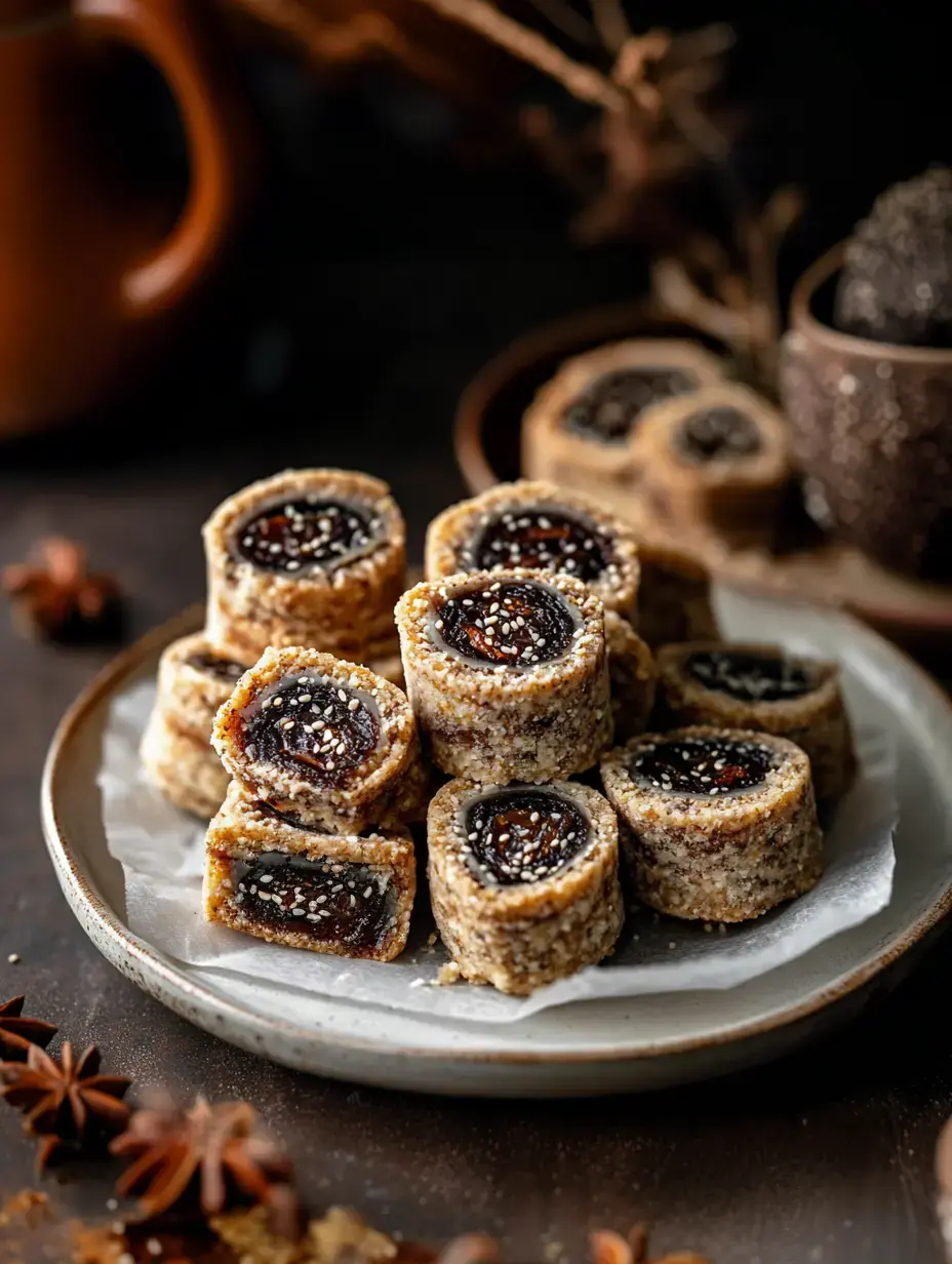 Une assiette de douceurs roulées farcies d'une pâte de fruits foncée et enrobées de noix finement moulues, garnies de graines de sésame, sur fond sombre.
