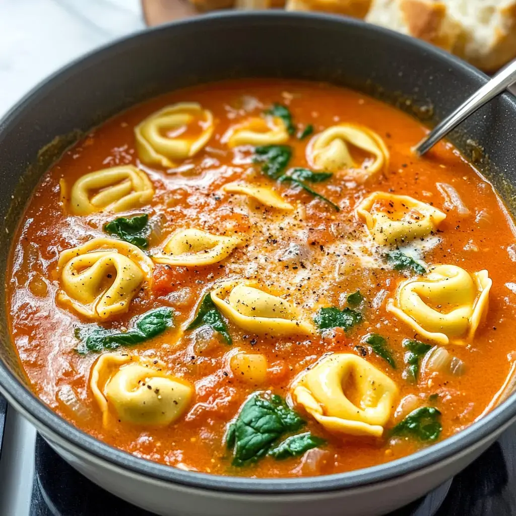 Gros plan sur une marmite débordant de soupe aux tortellinis avec des tortellinis jaunes, des épinards et un bouillon rouge appétissant.