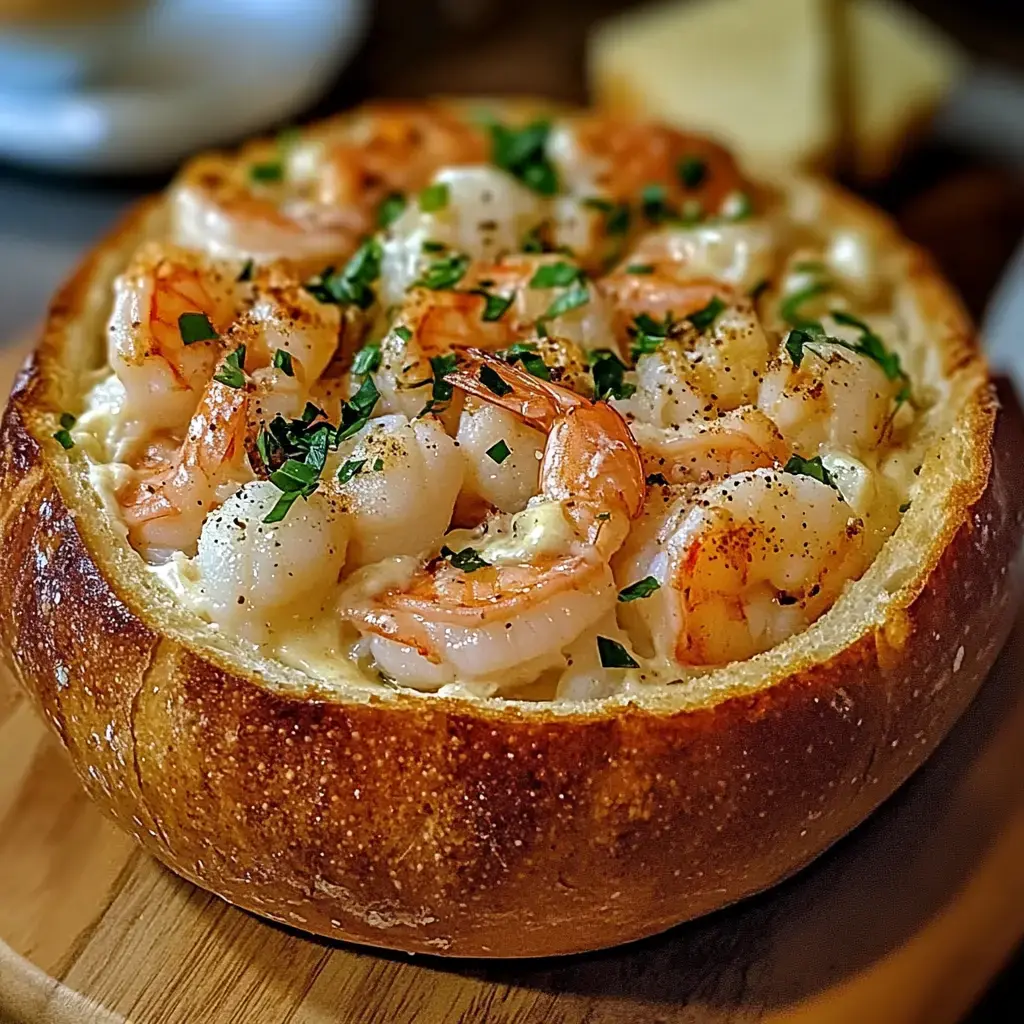 Un bol de pain gratiné rempli d’une garniture onctueuse aux crevettes, décoré de persil.