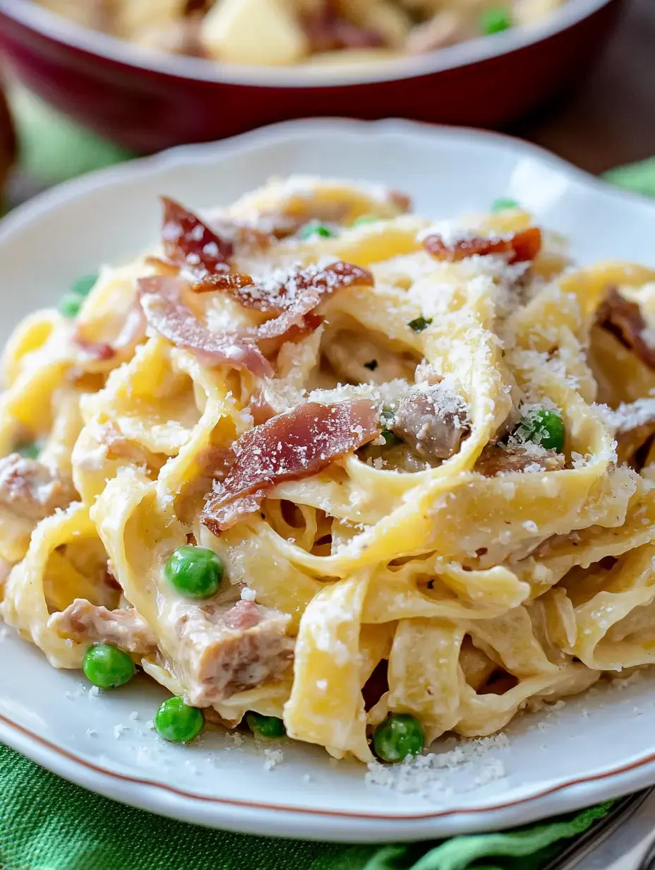 Un gros plan d'une assiette de pâtes crémeuses garnies de petits pois, de bacon croustillant et de fromage râpé.
