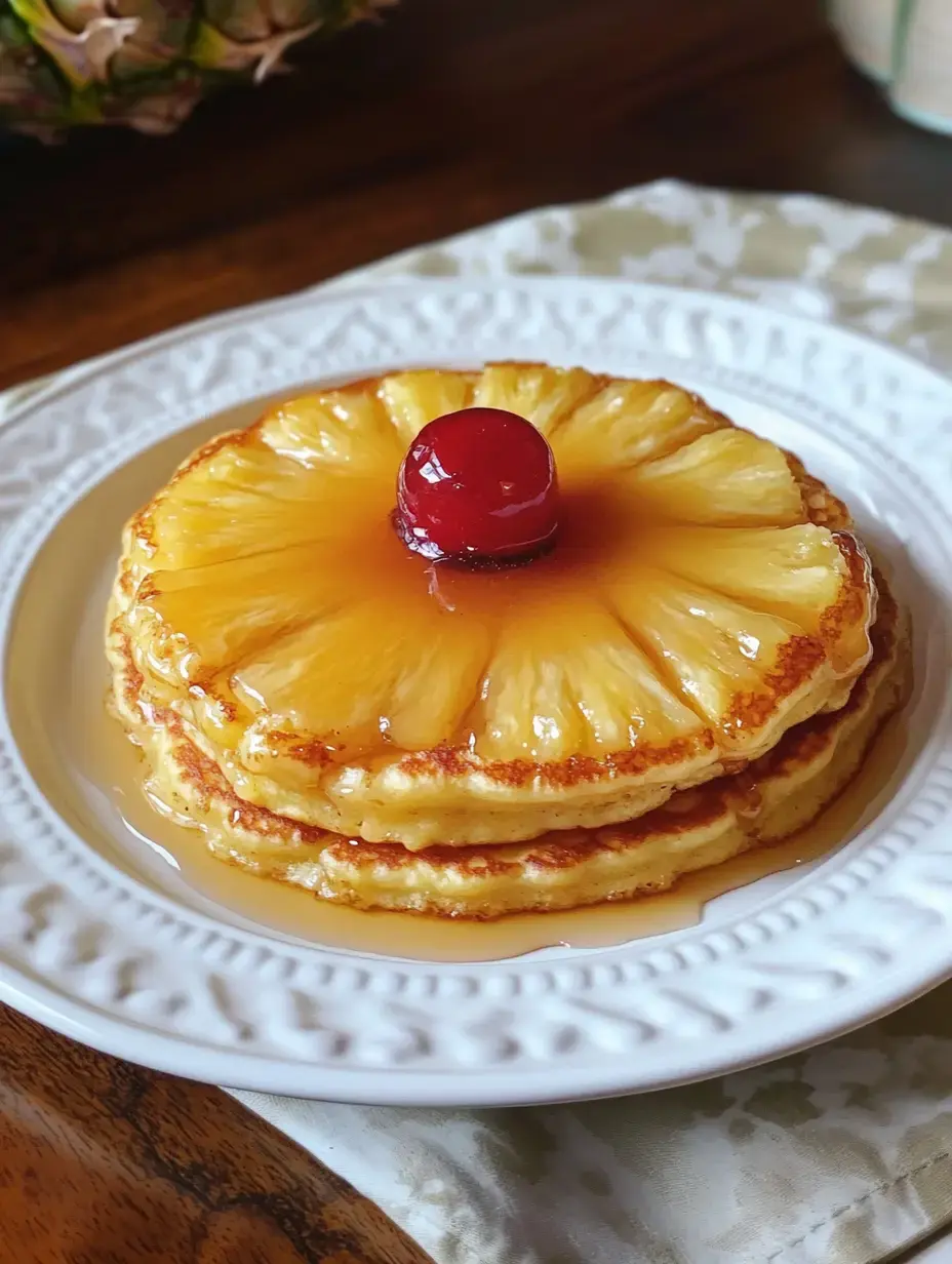 Une assiette avec trois crêpes à l'ananas caramélisé garnies d'une cerise et nappées de sirop.