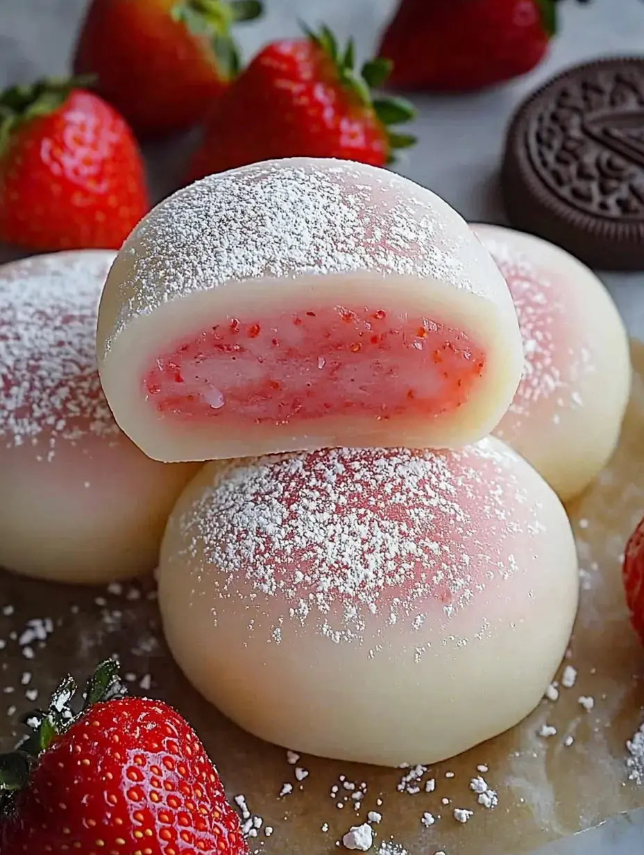 Un gros plan de mochis à la fraise fraîchement préparés, saupoudrés de sucre glace, accompagnés de fraises entières et d'un biscuit Oreo.