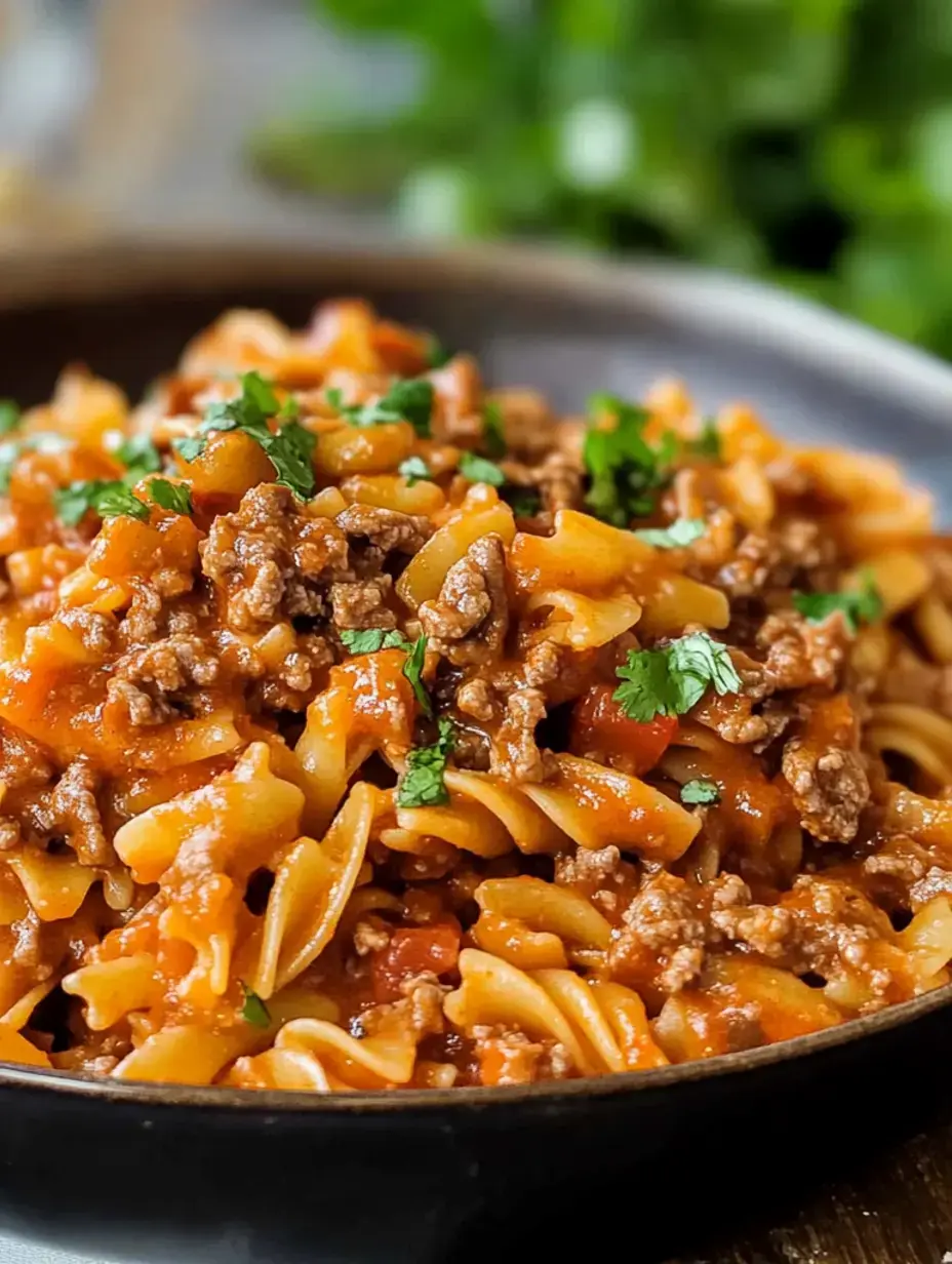 Gros plan d'un bol de pâtes avec du bœuf haché et une sauce tomate, garni de coriandre fraîche.