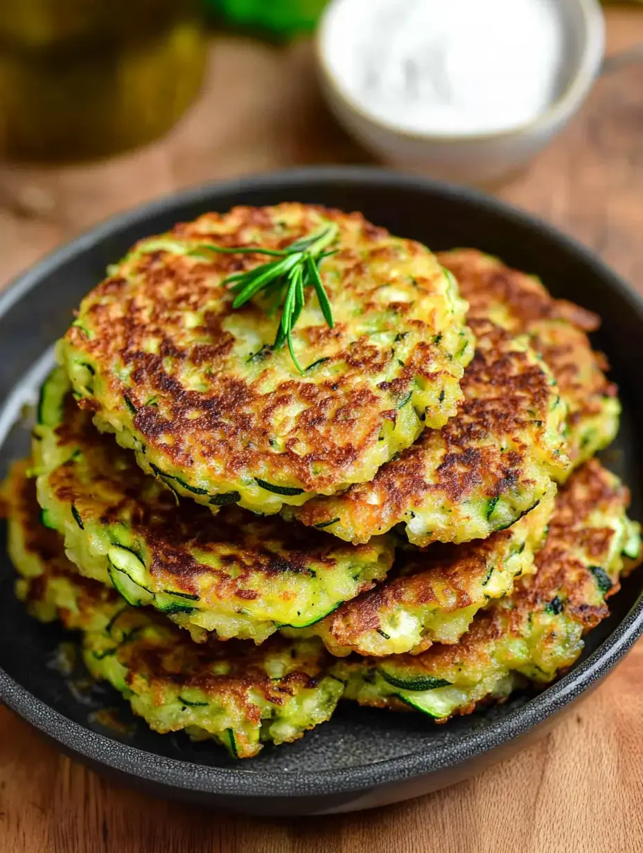 Une pile de galettes de courgettes dorées garnies d'un brin de romarin, servies sur une assiette noire avec un petit bol de sauce à tremper en arrière-plan.