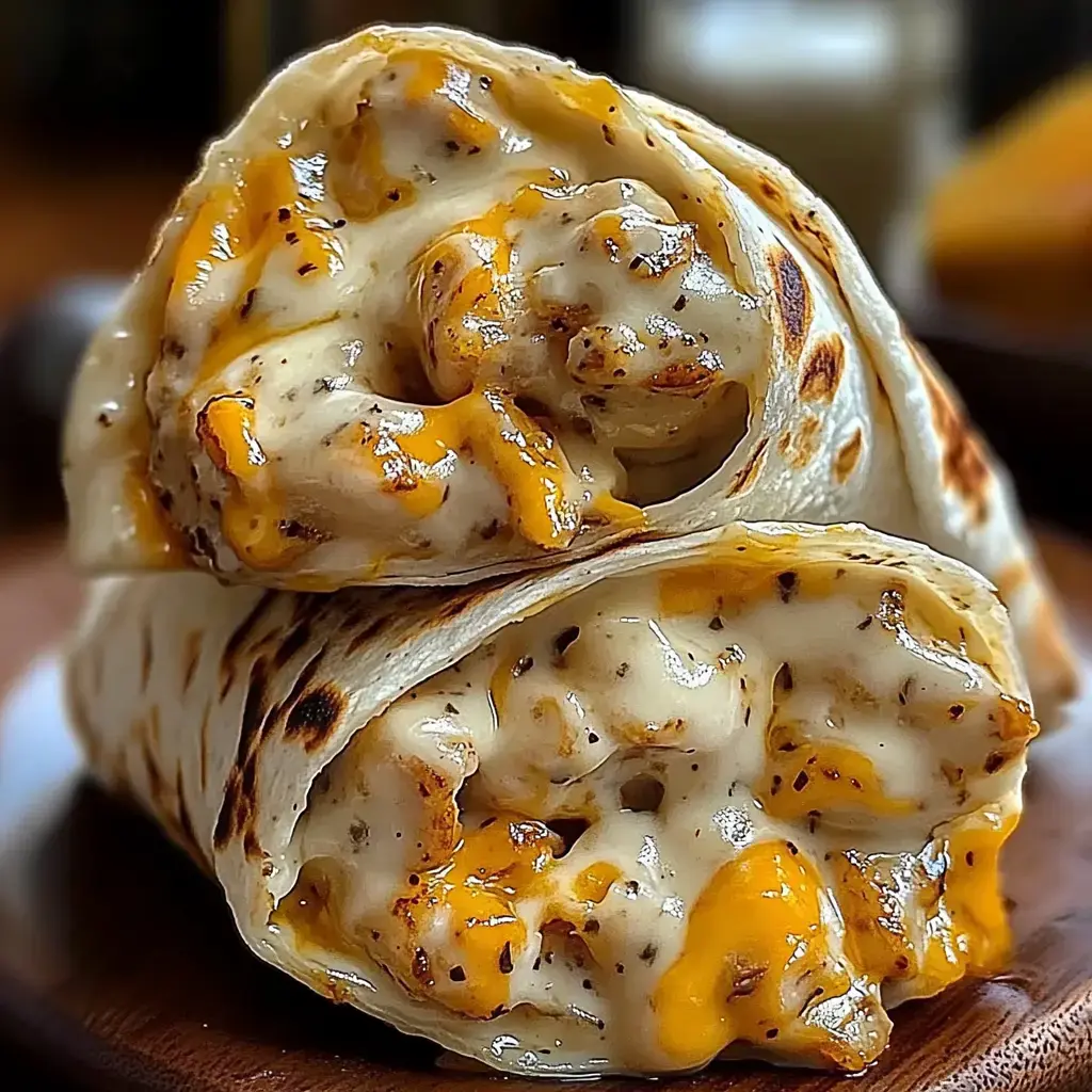 Deux wraps bien dorés fourrés de fromage fondant et de poulet tendre sont superposés sur une assiette en bois.