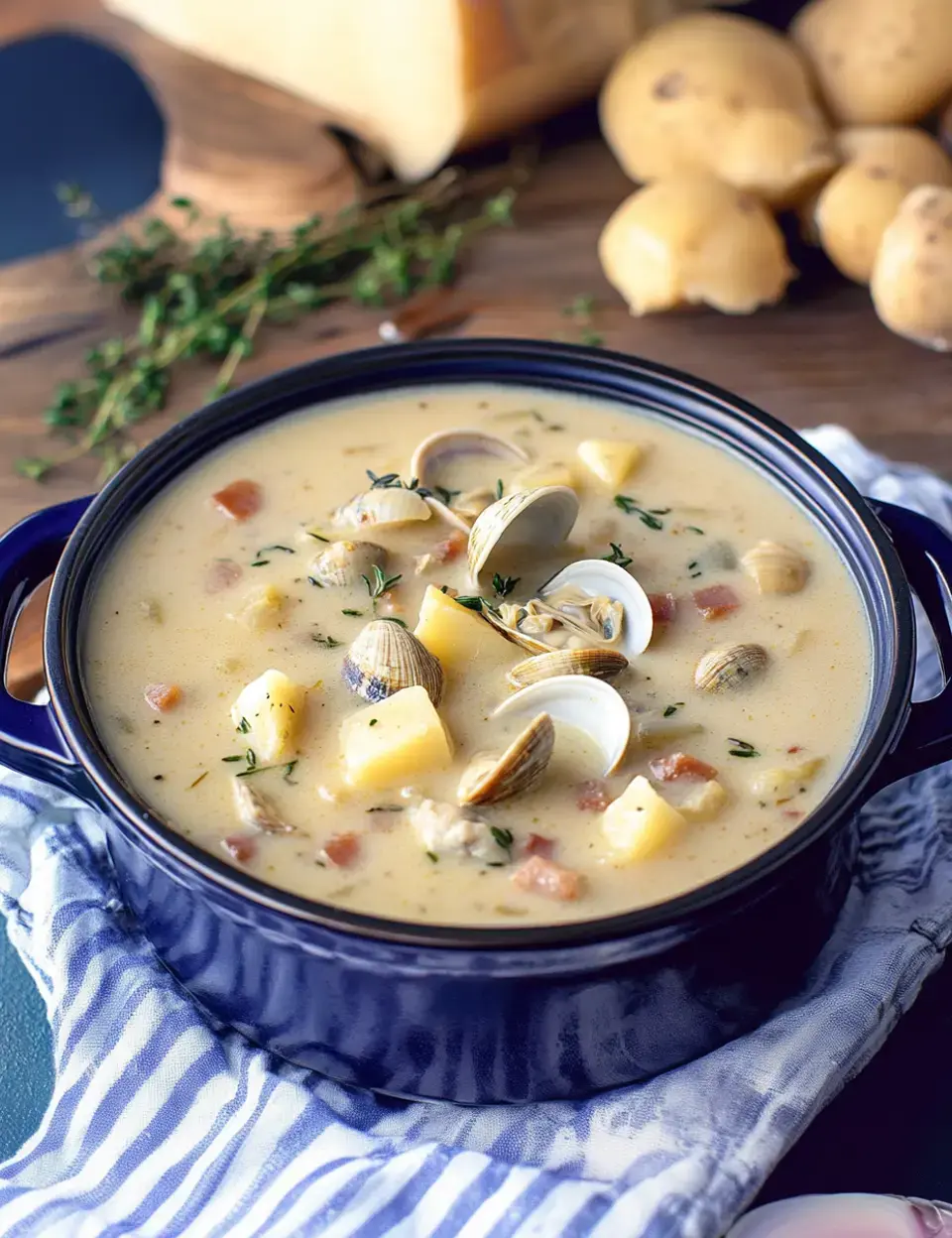 Un bol coloré de soupe aux palourdes crémeuse avec pommes de terre et herbes posé sur un tissu bleu texturé, entouré de thym frais et pommes de terre en arrière-plan.