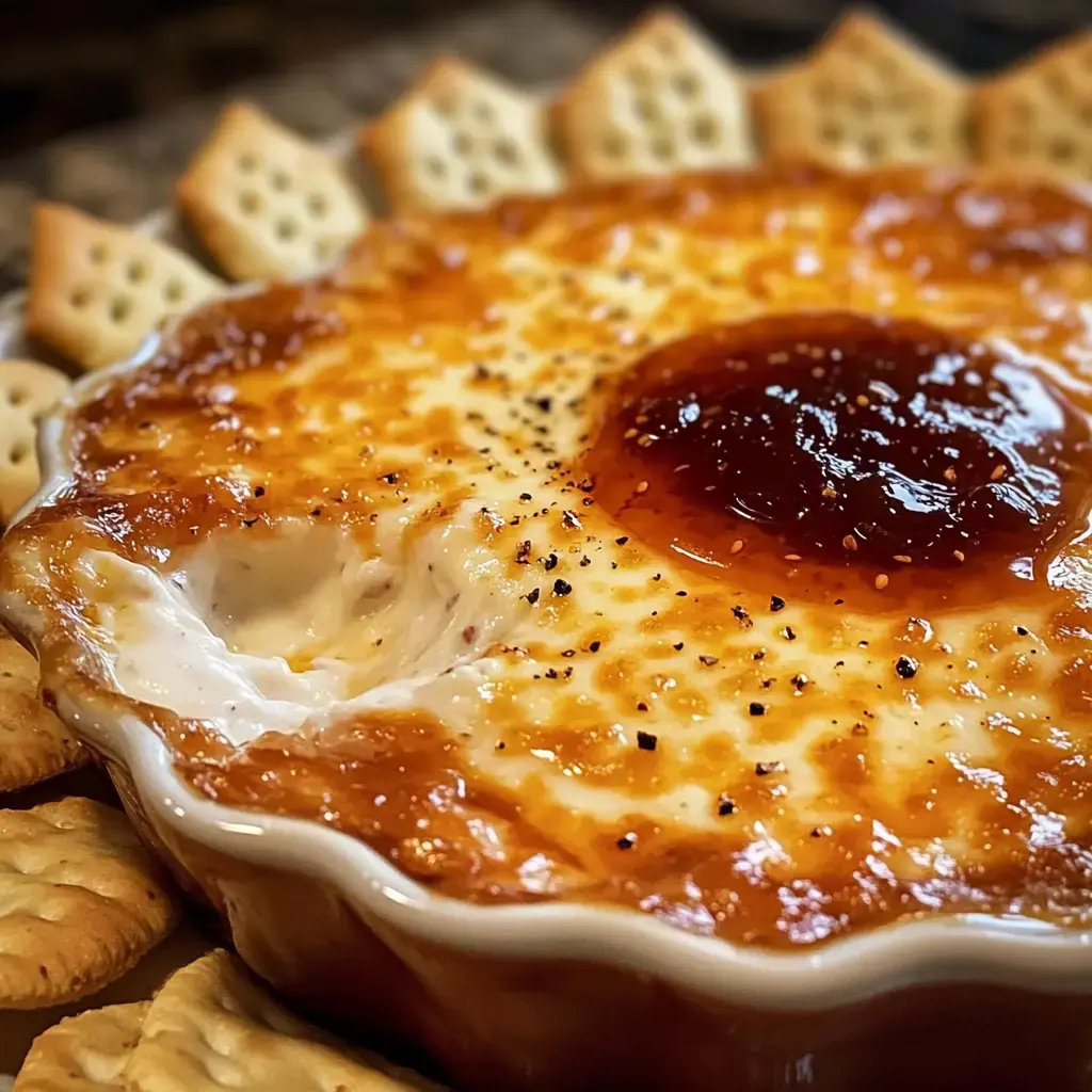 Un plat de fromage fondu tout crémeux surmonté d’une bonne cuillérée de gelée, entouré de crackers décorés.