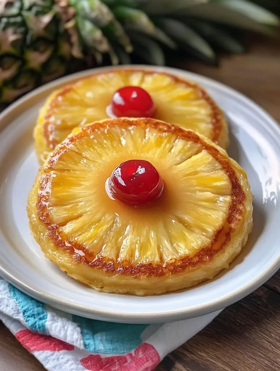 Une assiette avec deux gâteaux à l'ananas caramélisés beurrés, chacun garni d'une cerise rouge vif, posée sur un tissu coloré avec un ananas entier en arrière-plan.