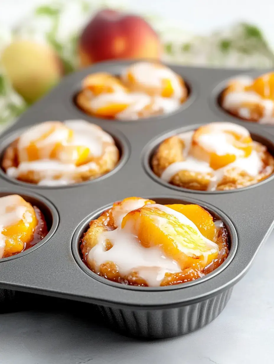 Un moule à muffins contient des pâtisseries aux pêches fraîchement cuites nappées de glaçage, avec des pêches entières en arrière-plan.