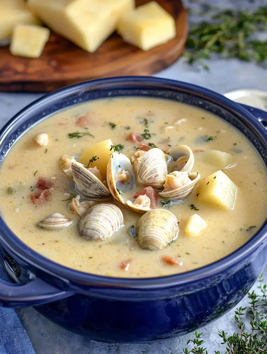 Un bol de soupe aux palourdes crémeuse avec pommes de terre, palourdes et herbes, accompagné de cubes de fromage en arrière-plan.