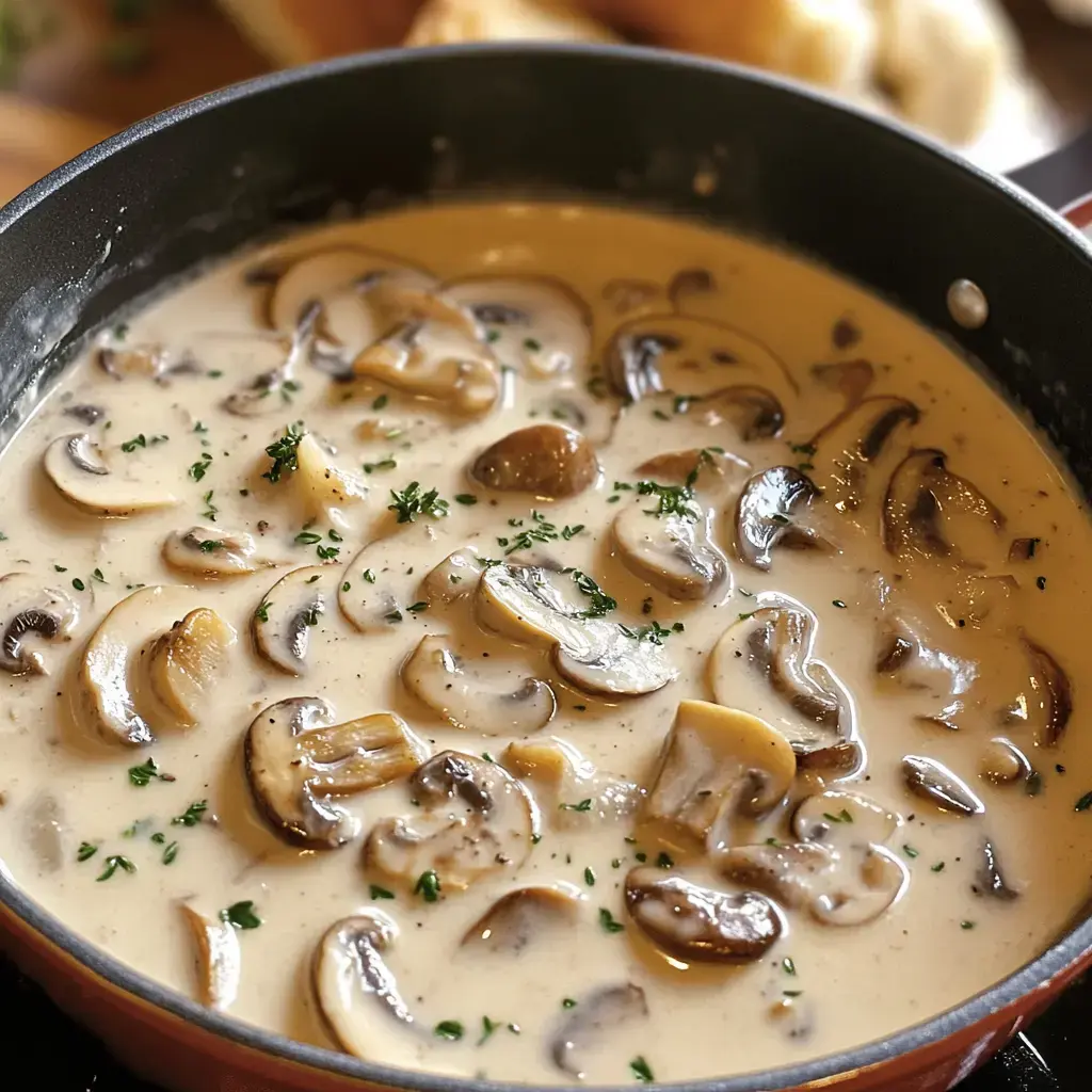 Une sauce onctueuse aux champignons qui mijote dans une poêle noire, garnie de persil.