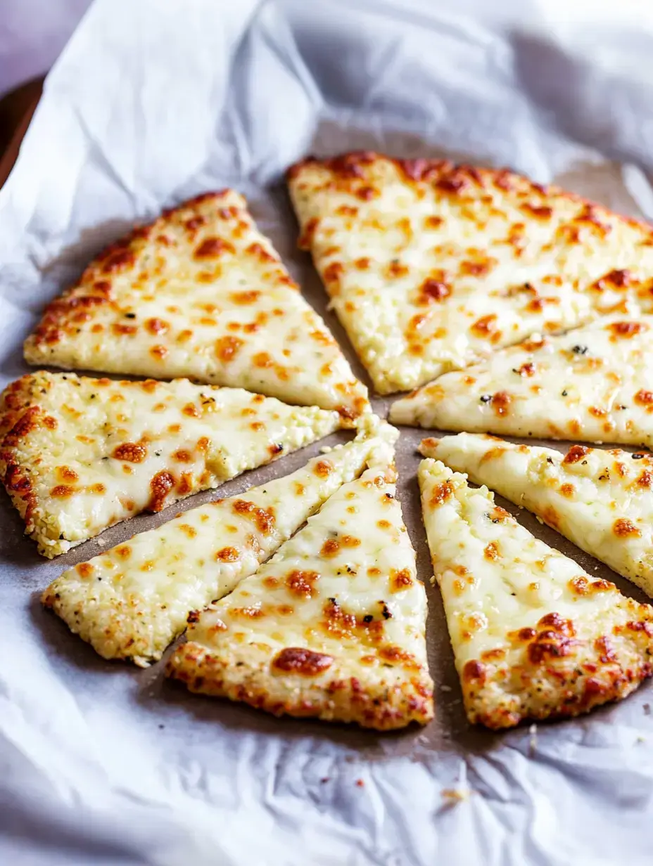 Une pizza au fromage fraîchement cuite découpée en huit parts, posée sur du papier cuisson.
