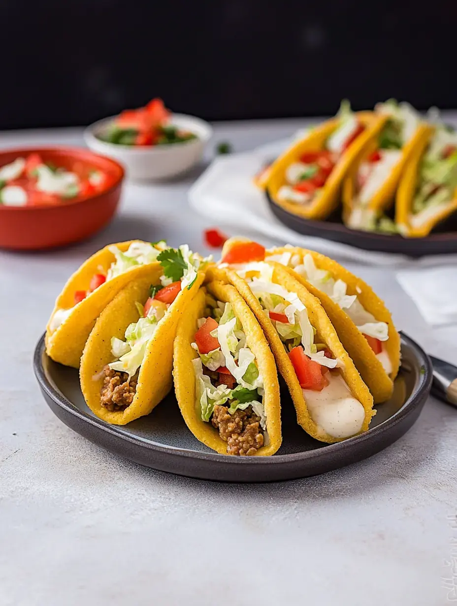 Une assiette de tacos colorés garnis de bœuf haché, laitue, tomates et sauce crémeuse, accompagnée d'un bol de salsa en arrière-plan.