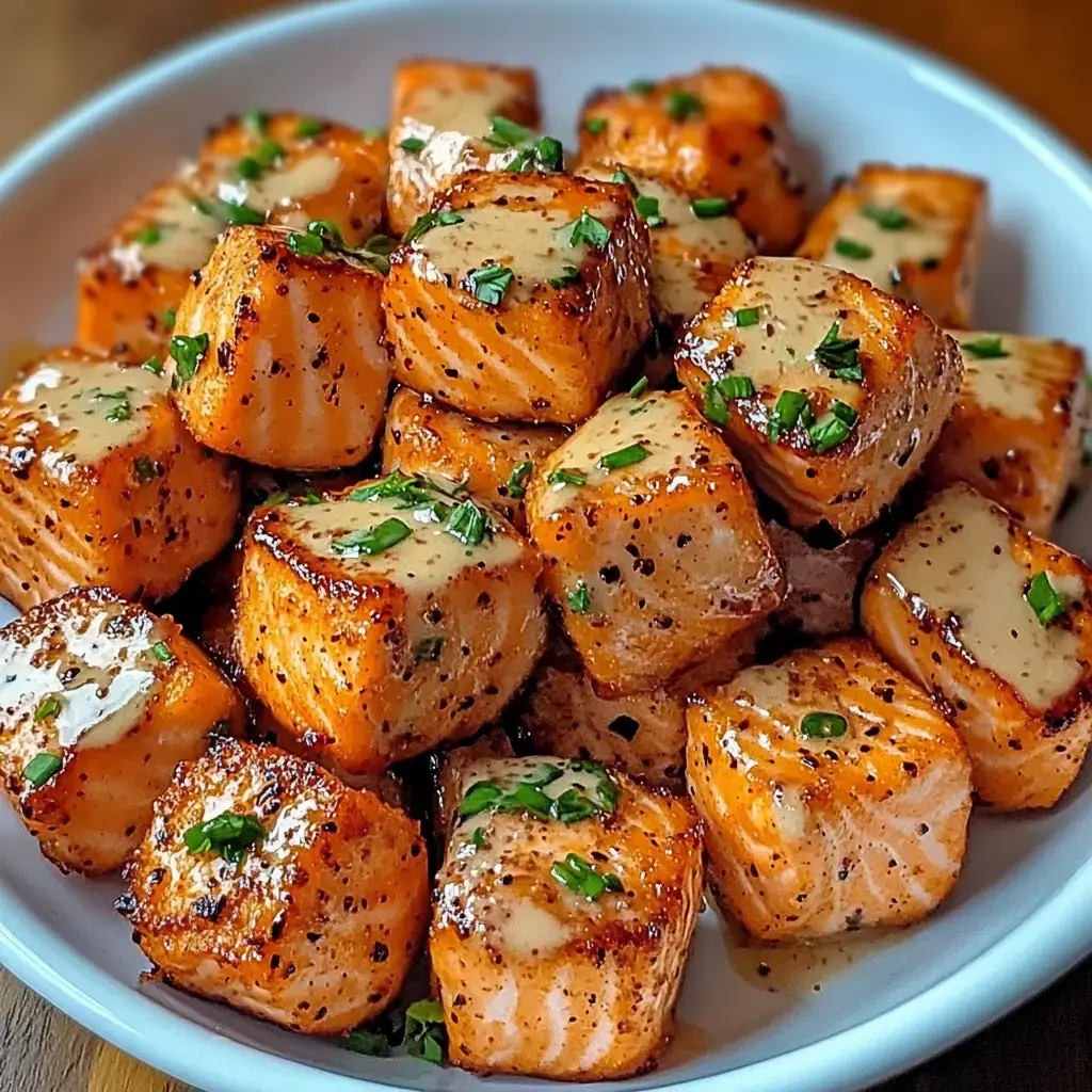 Un bol de cubes de saumon dorés nappés de sauce et décorés d’herbes fraîches.