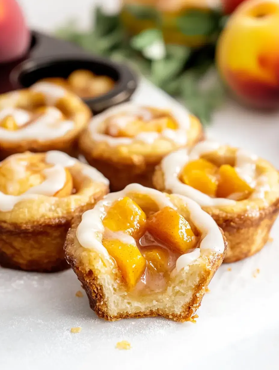 Un gros plan de mini pâtisseries aux pêches nappées de glaçage, montrant une pâtisserie coupée remplie de morceaux de pêches.