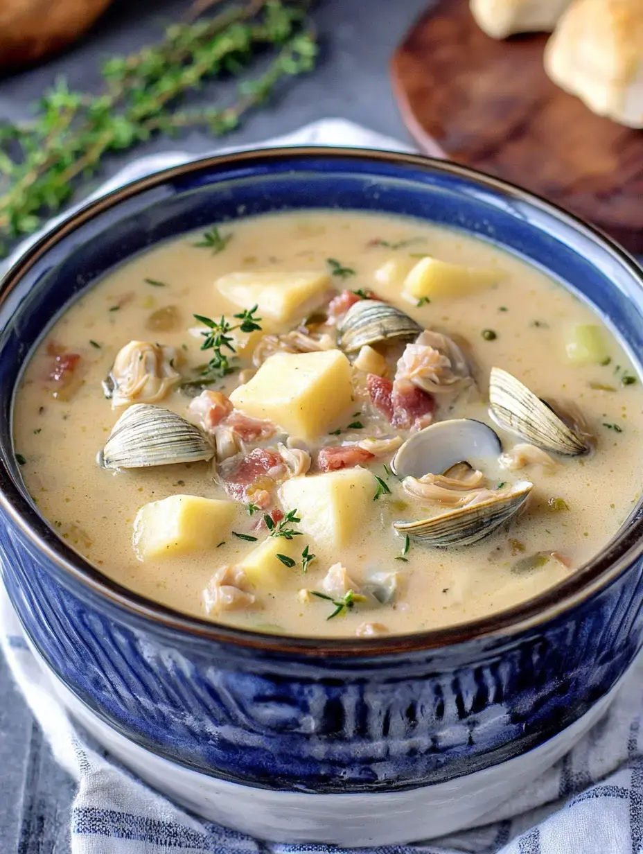 Un bol de soupe aux palourdes crémeuse avec pommes de terre, palourdes et thym frais sur une serviette rayée.