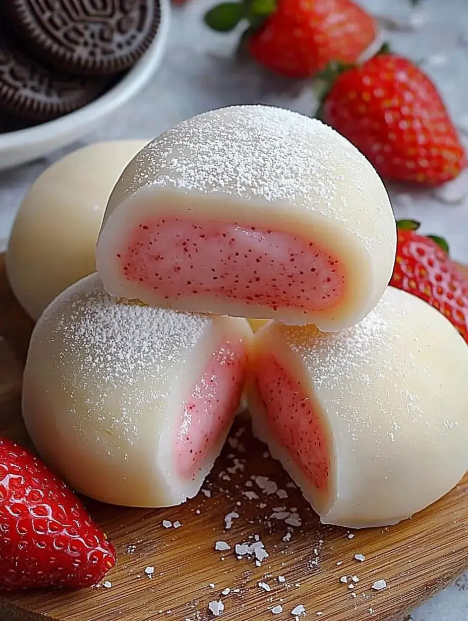 Trois mochis à la fraise enrobés de chocolat blanc, dont un coupé en deux révélant une garniture rose, présentés sur une planche en bois avec des fraises fraîches et un bol d'Oreos.