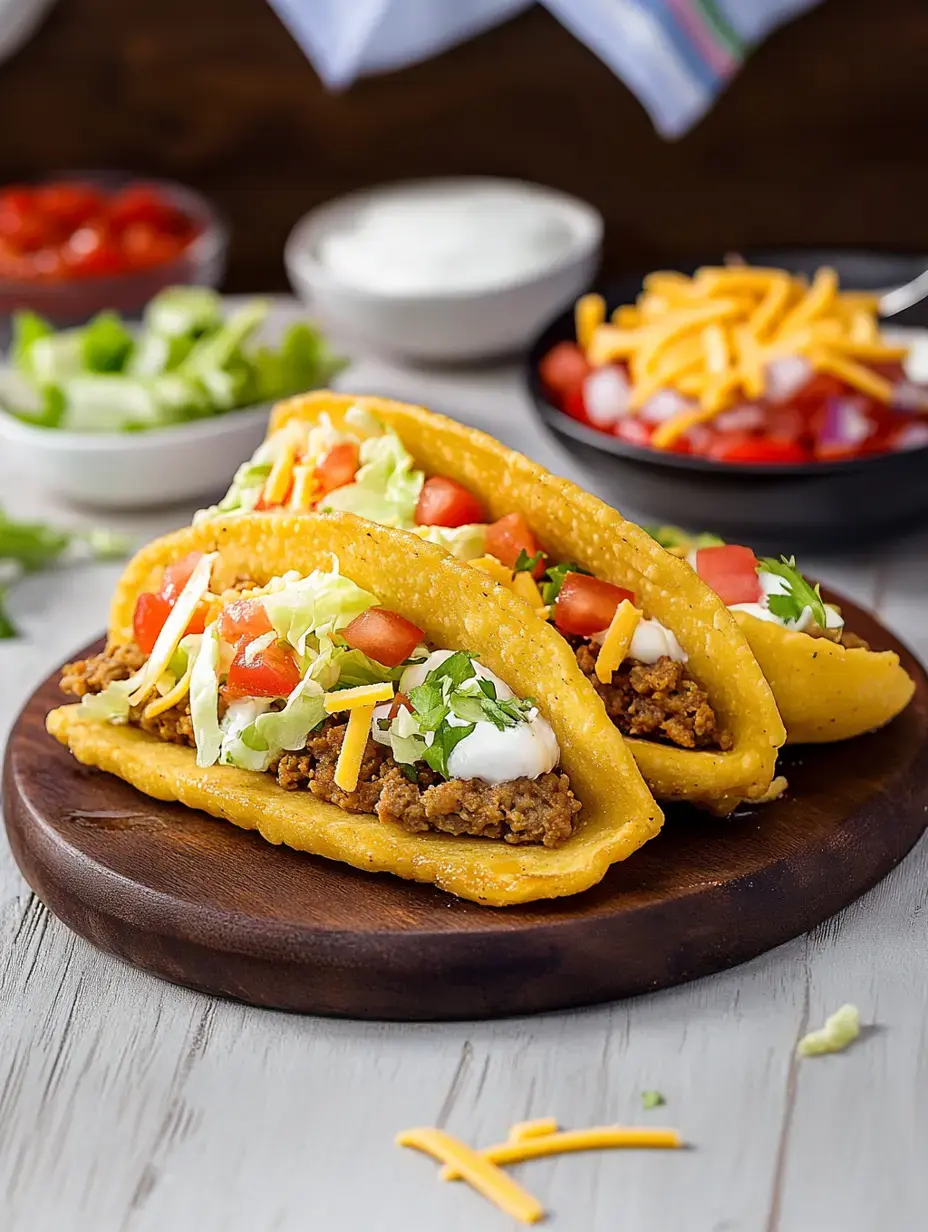 Deux tacos garnis de bœuf haché, laitue, tomates, fromage et crème sont servis sur une planche en bois, avec des garnitures supplémentaires en arrière-plan.