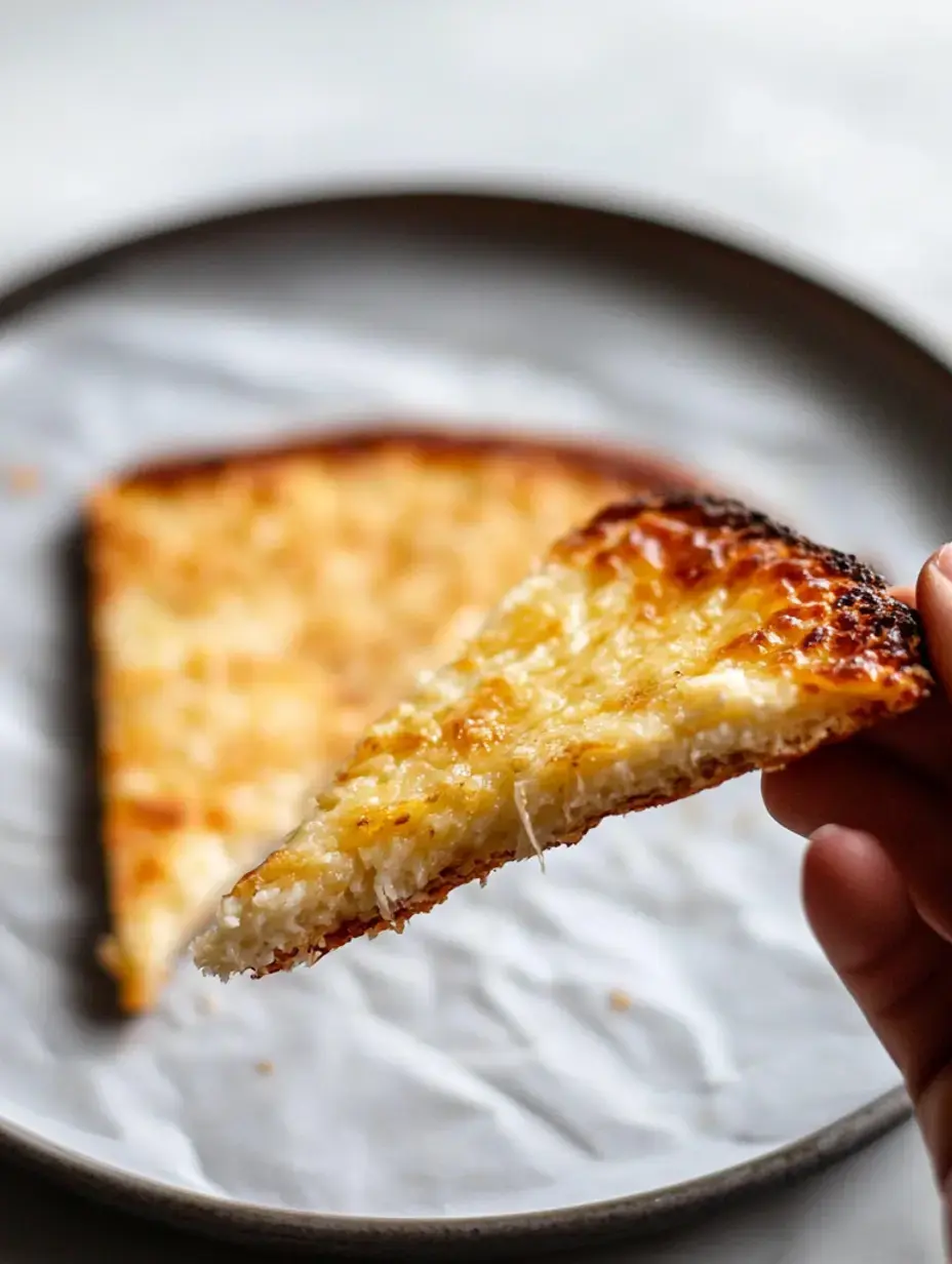Une main tient une part de pain au fromage croustillant, avec un morceau plus grand en arrière-plan sur une assiette doublée de papier cuisson.