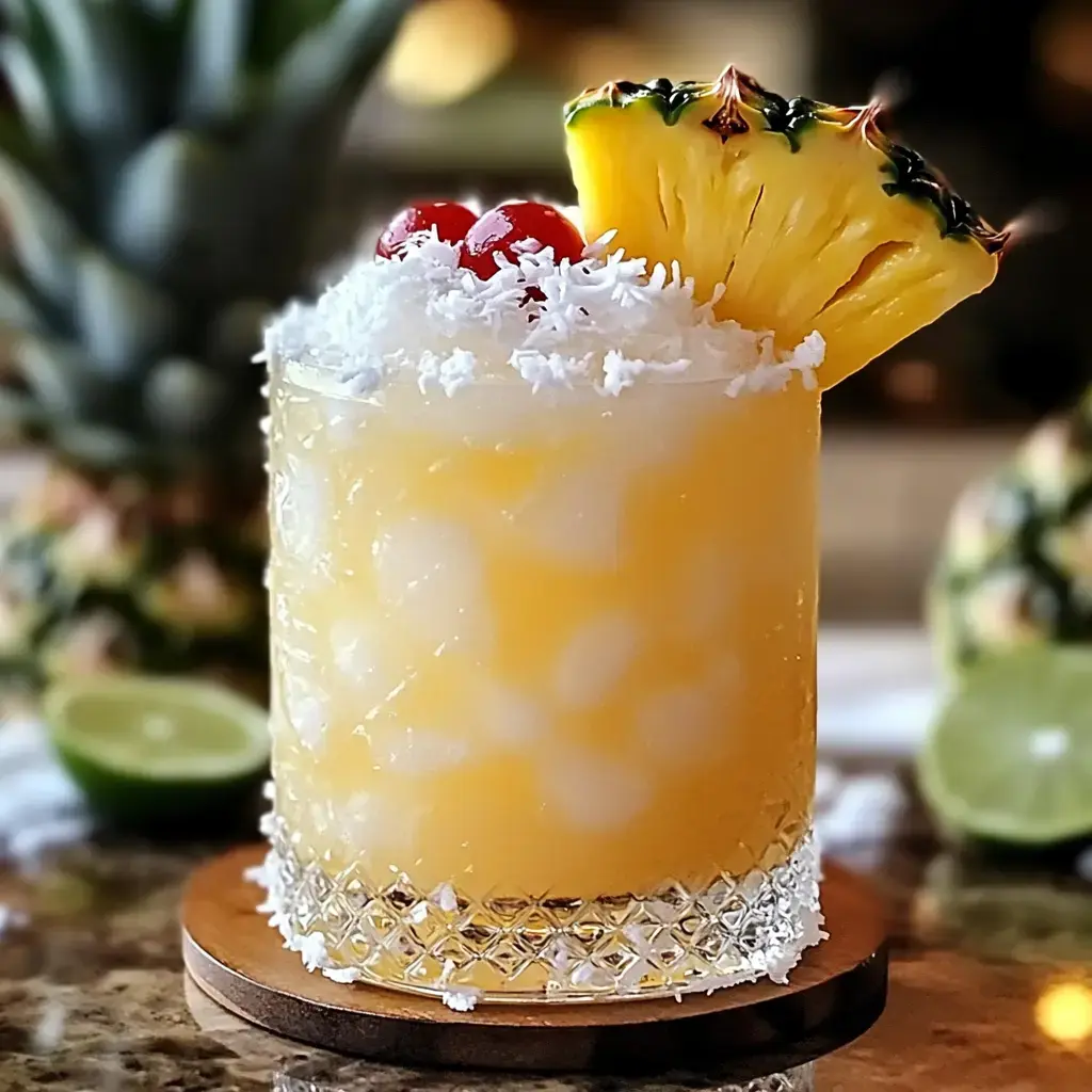 Un cocktail tropical rafraîchissant, garni de noix de coco râpée, de cerises et d’une tranche d’ananas, servi dans un joli verre posé sur un dessous en bois.