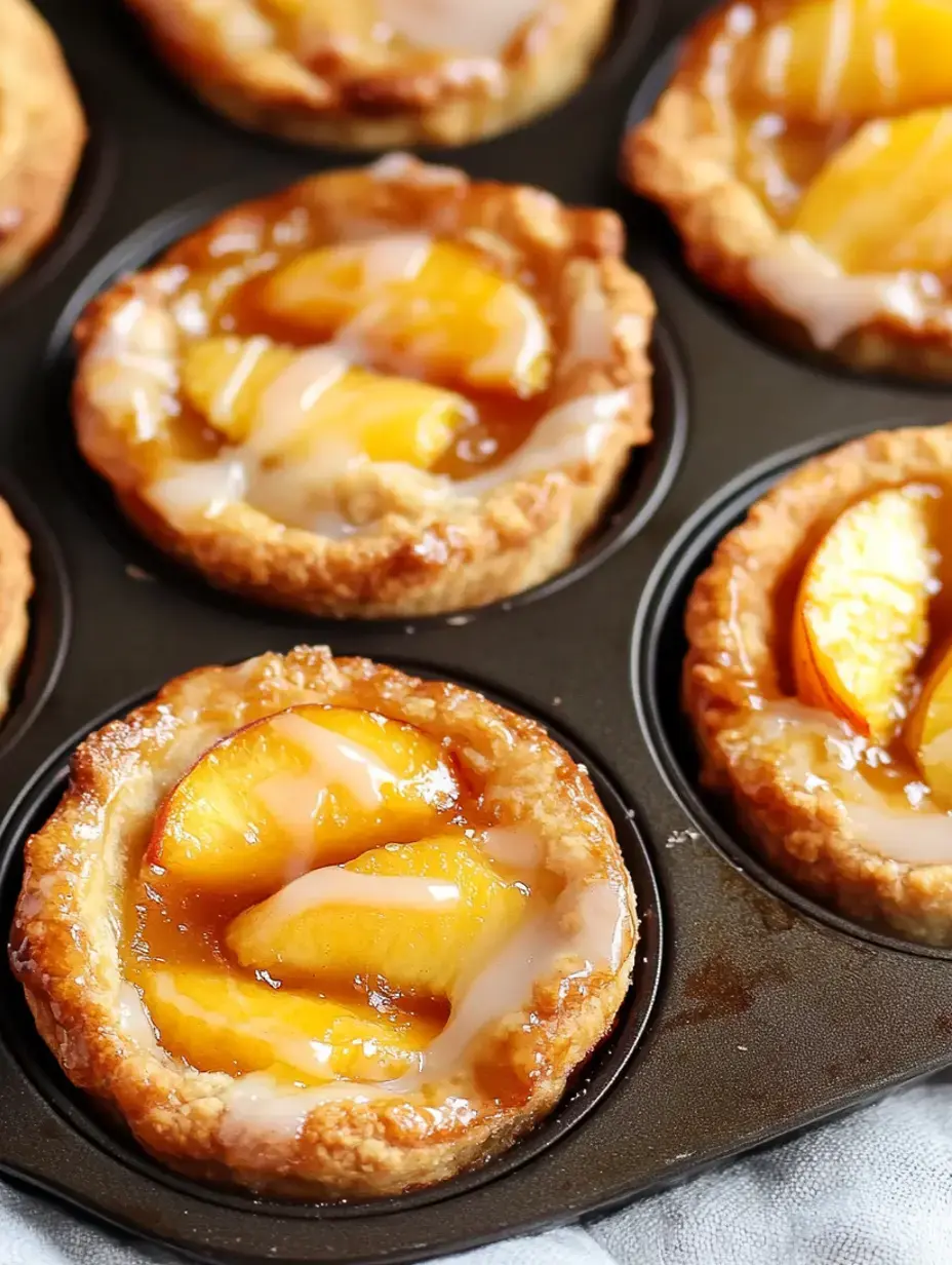 Un gros plan de plusieurs mini tartes aux pêches dorées nappées de glaçage, disposées dans un moule à muffins.