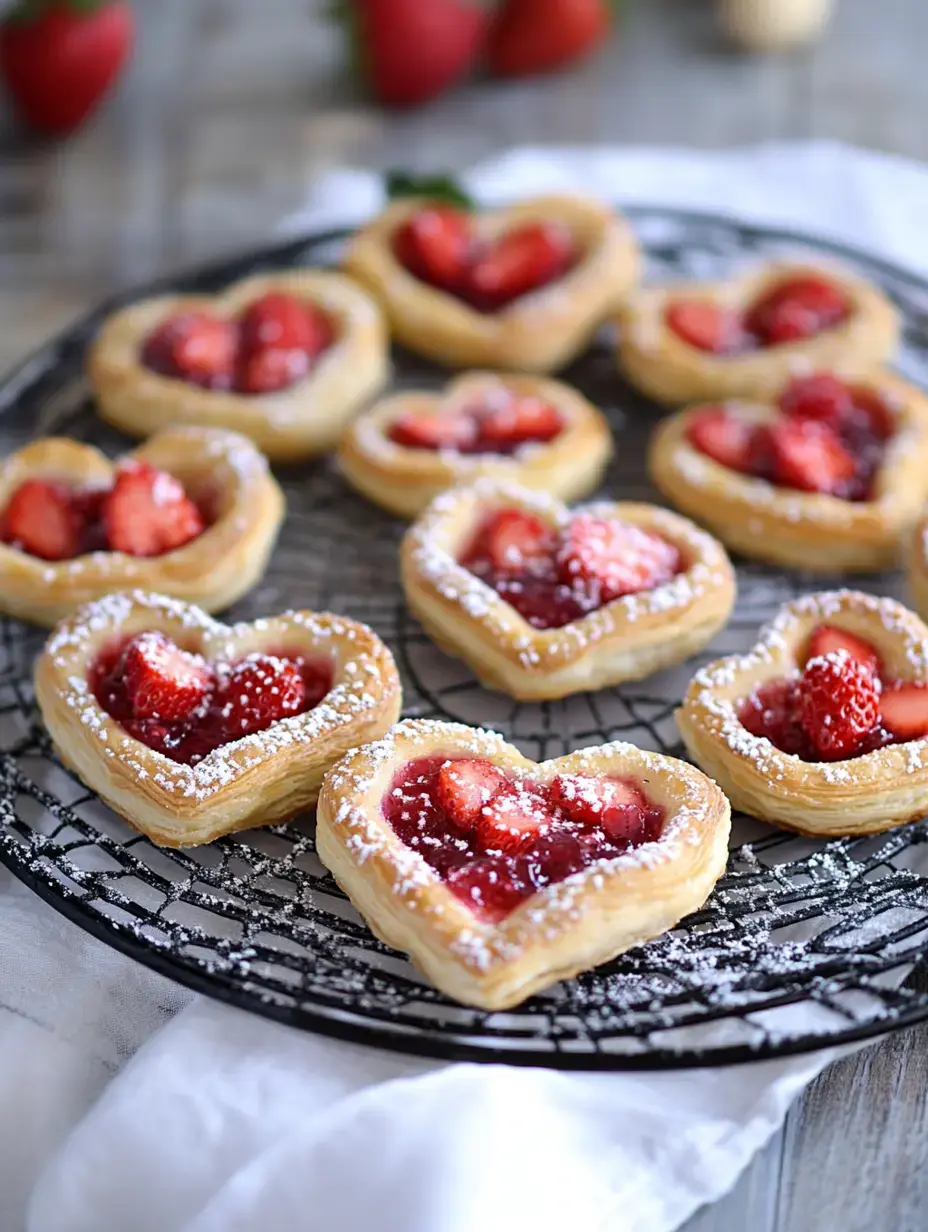 Un plateau de viennoiseries en forme de cœur garnies de fraises et d'un glaçage brillant rouge, saupoudrées de sucre glace.