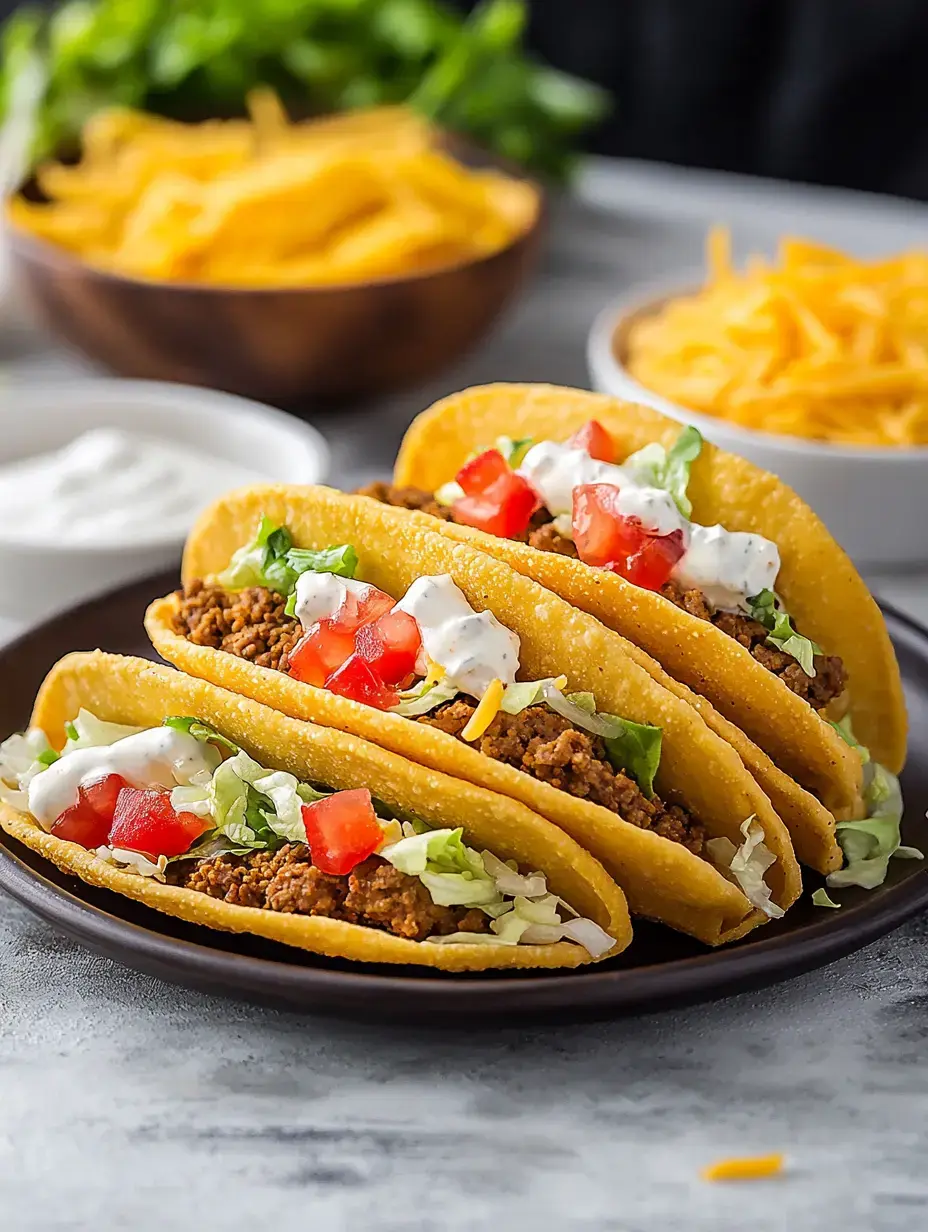 Trois tacos garnis de viande hachée, laitue, tomates et crème sont servis sur une assiette sombre, avec des bols de fromage râpé et autres garnitures en arrière-plan.