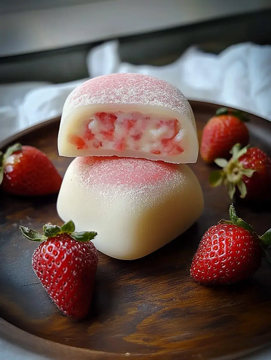 Un gros plan de deux morceaux de mochi à garniture rose de fraise et crème, entourés de fraises fraîches sur une assiette en bois.