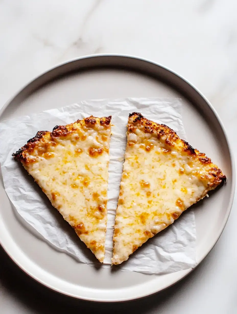 Deux parts de pizza dorée sont placées sur une assiette ronde avec un morceau de papier cuisson en dessous.