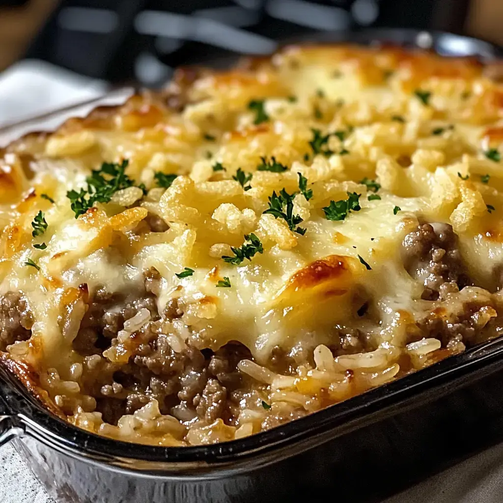 Zoom sur un gratin doré garni de bœuf, riz, fromage fondu et une couche croustillante, avec du persil.
