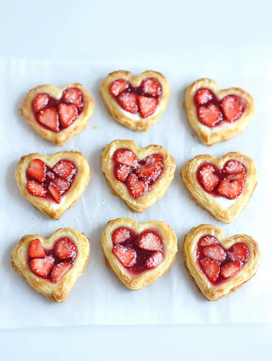 Un plateau de viennoiseries en forme de cœur garnies de fraises et de glaçage, saupoudrées de sucre glace.