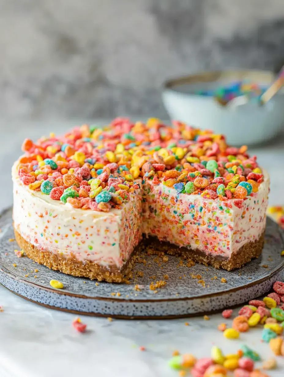 Un gâteau coloré garni de céréales fruitées posé sur une assiette grise, avec une part retirée et des miettes éparpillées autour.