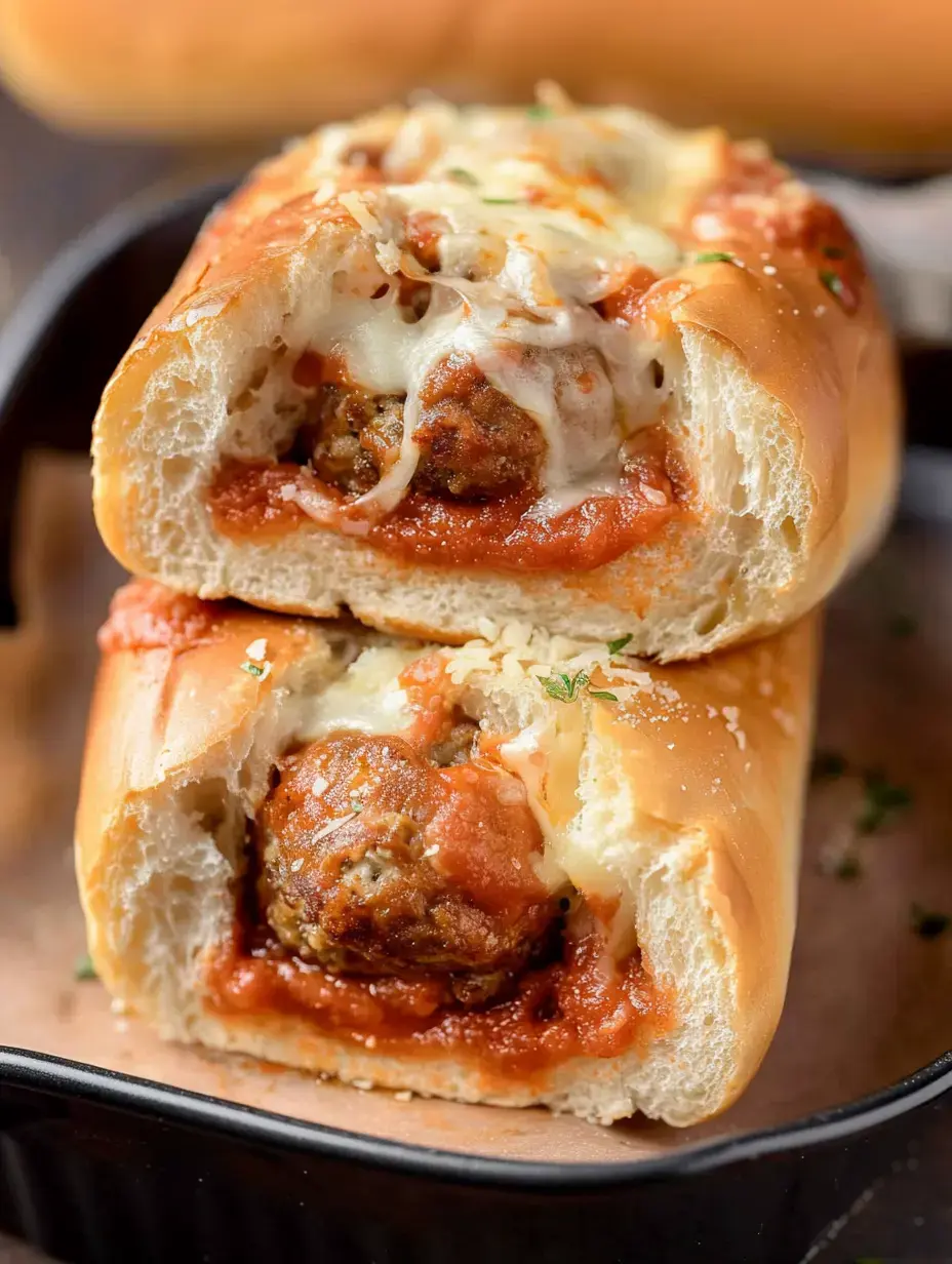 Un gros plan de deux sandwichs aux boulettes garnis de sauce marinara et fromage fondu, servis dans un plat noir.