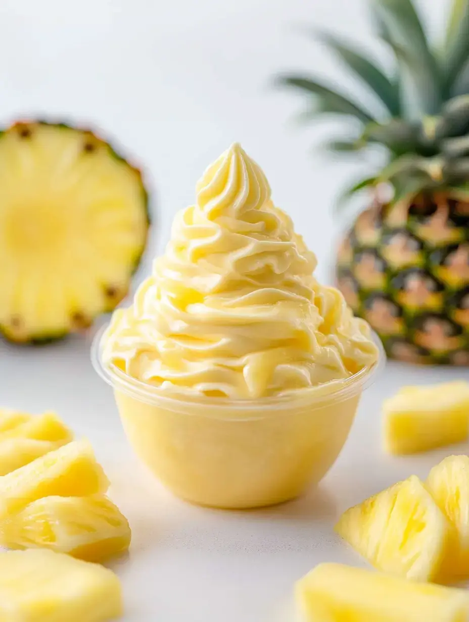 Un dessert crémeux à l'ananas dans un gobelet, entouré de tranches d'ananas frais avec un ananas entier en arrière-plan.